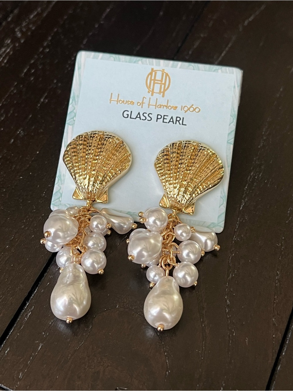 House of Harlow 1960 Gold Shell Drop Earrings with White Pearls